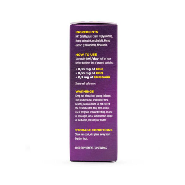 CBNight Formula Plus enecta (CBD, CBN, Melatonin) συσκευασία πλευρά δεξιά με κανναβιδιόλη, κανναβινόλη και μελατονίνη για εύκολο ύπνο.