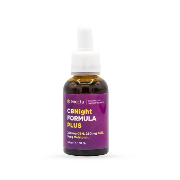 CBNight Formula Plus enecta (CBD, CBN, Melatonin) bottle packaging of 30ml food supplement for better sleep.