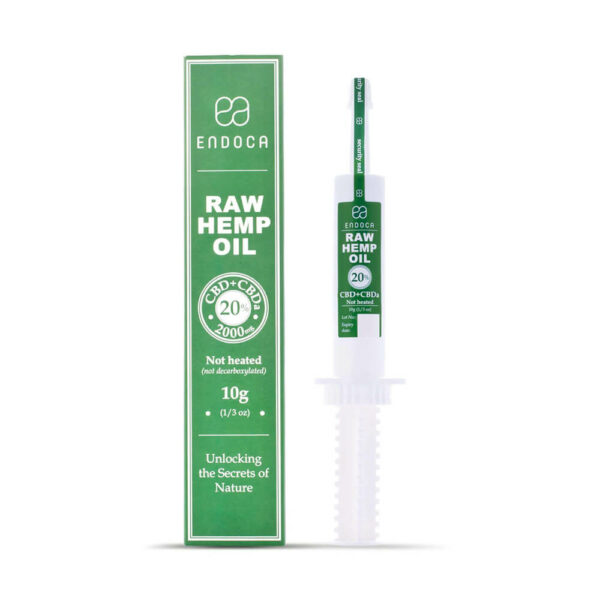 Endoca RAW Hemp Oil Extract Paste 2000mg CBD+CBDa 20% - 10gr. packaging front with tube.