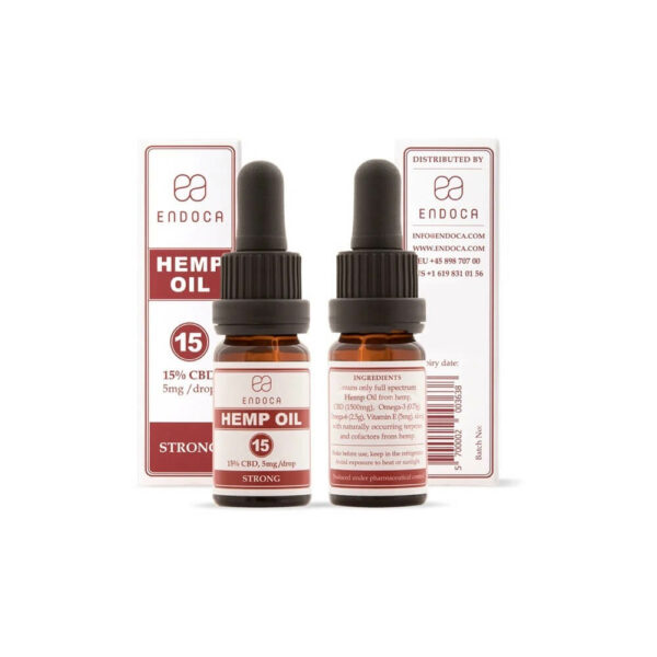 Endoca CBD Oil 15% Hemp Oil Drops 1500mg Cannabidiol (Strong) - 10ml back and front side perspective. Full spectrum