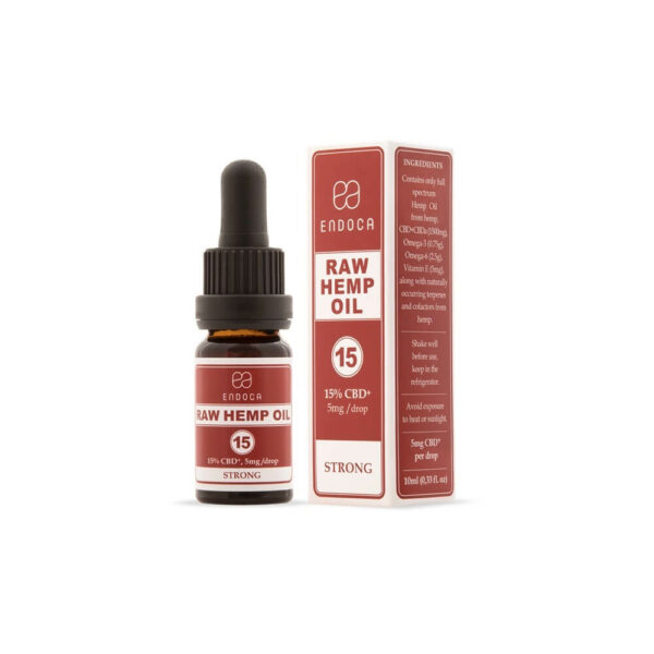 Endoca RAW CBD Oil (Strong) Drops 1500mg CBD+CBDa (15%) - 10ml box and bottle front perspective left. Boost Your health.