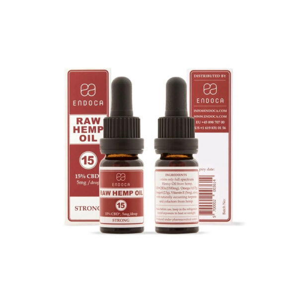 Endoca RAW CBD Oil (Strong) Drops 1500mg CBD+CBDa (15%) - 10ml box and bottle back and front packaging. Buy Online
