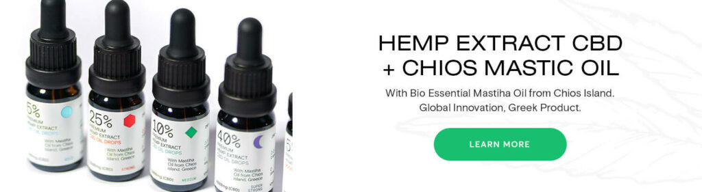 New innovative product line of Cannabidiol Oils with CBD and biological Mastic (Mastiha) Oil from the island of Chios, Greece.