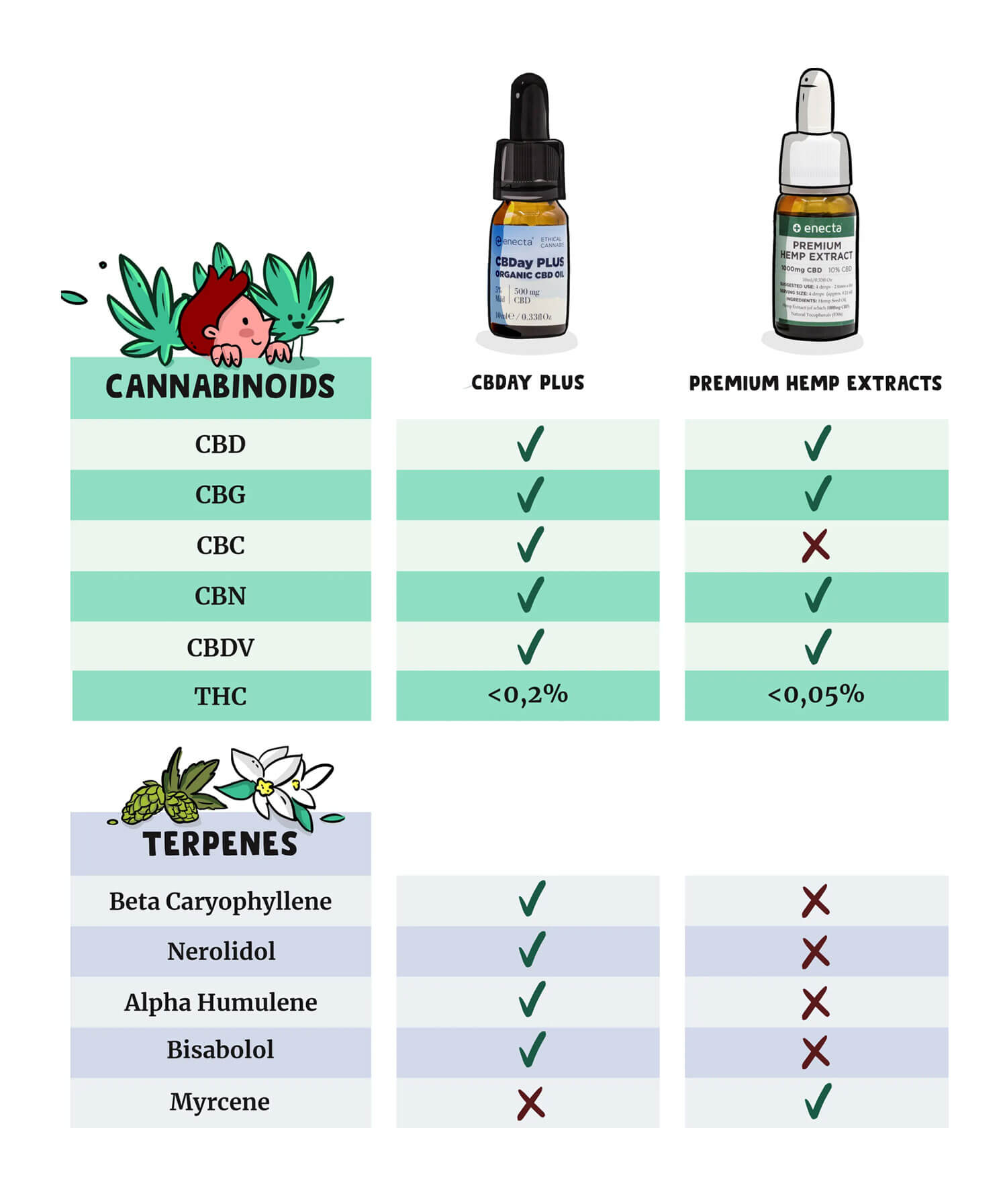 What are the CBDay Plus and enecta 1000mg terpenes differences. Full terpenes profile - Greece.