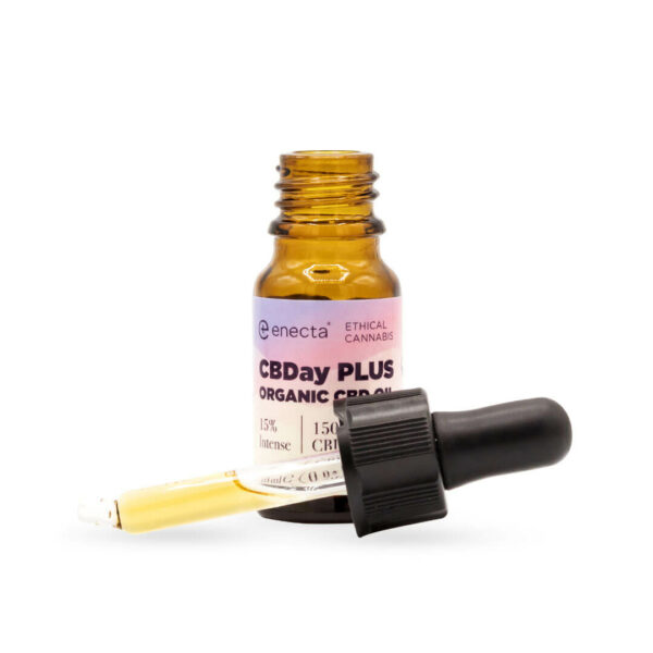 Enecta CBDay Plus Full Spectrum CBD Oil 15% Intense bottle open. Natural full spectrum CBD supplement.