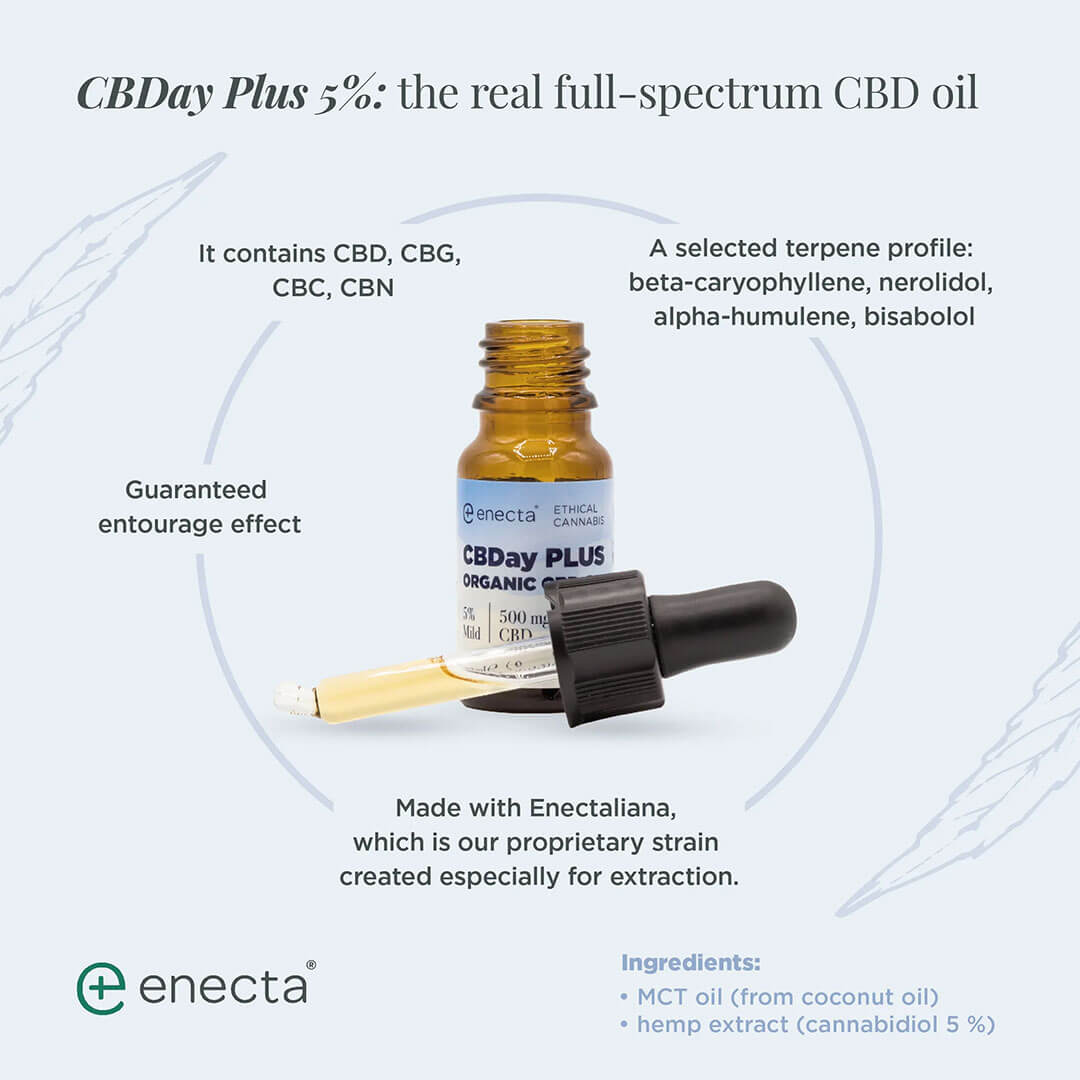 Enecta CBDay Plus Full Spectrum CBD Oil 5% Mild συνεργατική δράση. Entourage effect. Λάδι κάνναβης πλήρους φάσματος.