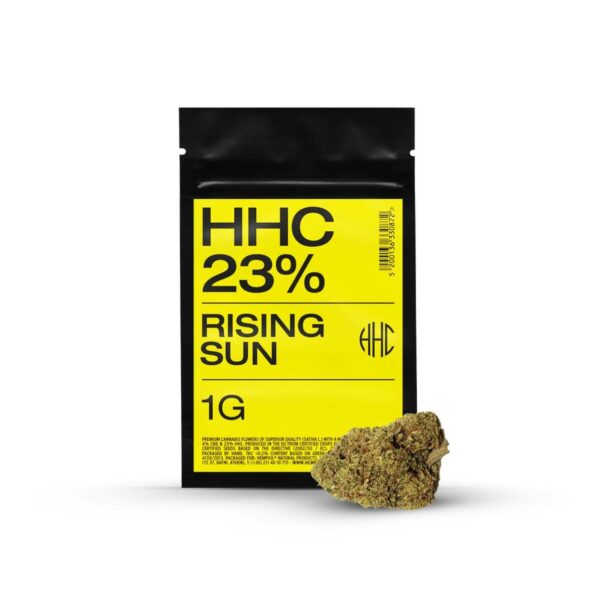 HHC Cannabis Flowsers with 23% HHC hexahydrocannabinol. Rising Sun strain, from the USA, buy online in Europe, Greece, Cyprus. HHC Weed.