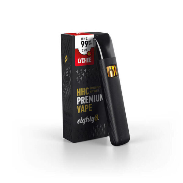 Eighty8 XL Disposable Vape 99% HHC Lychee flavour on a 2ml CCELL Vape. The best HHC vape available in Europe.