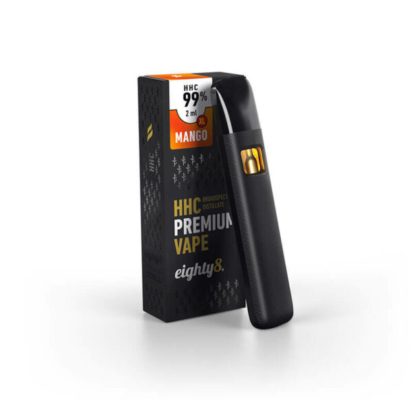 Eighty8 XL Disposable Vape 99% HHC Mango flavour on a 2ml CCELL Vape. The best HHC vape available in Europe.
