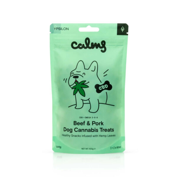 Ypsilon "Calms" Hemp Treats for Dogs with Beef & Pork - 100g for stress relief and well-being of our pets.