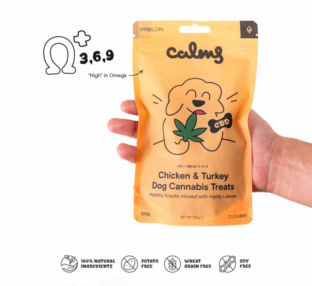 silon "Calms" cannabis treats with Chicken and Turkey for dogs.